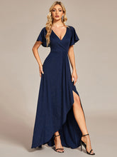 Load image into Gallery viewer, Color=Navy Blue | Tea Length Split Shiny Wholesale Evening Dresses With Ruffle Sleeves-Navy Blue 2