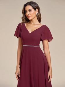 High Low Short Sleeve Chiffon Wholesale Evening Dresses#Color_Burgundy