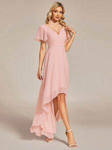 High Low Short Sleeve Chiffon Wholesale Evening Dresses#Color_Pink
