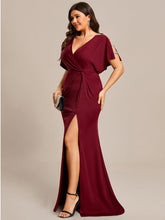 Load image into Gallery viewer, Color=Burgundy | Deep V Neck High Split Pleated Wholesale Evening Dresses-Burgundy 3