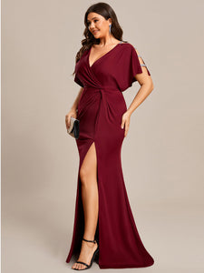Color=Burgundy | Deep V Neck High Split Pleated Wholesale Evening Dresses-Burgundy 3