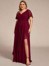 Load image into Gallery viewer, Color=Burgundy | Side Split V Neck Ruched Wholesale Chiffon Bridesmaid Dresses-Burgundy 3