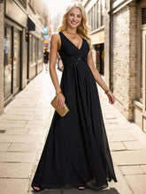 Load image into Gallery viewer, A-Line V Neck Appliques Ruched Wholesale Evening Dresses#Color_Black