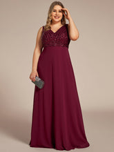 Load image into Gallery viewer, Color=Burgundy | Sleeveless VNeck Sequin &amp; Chiffon Wholesale Evening Dresses-Burgundy 1