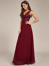 Load image into Gallery viewer, Color=Burgundy | Sleeveless VNeck Sequin & Chiffon Wholesale Evening Dresses-Burgundy 4