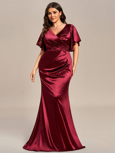 Color=Burgundy | Plus Fishtail Ruffles Wholesale Stain Evening Dresses-Burgundy 4