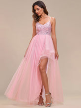 Load image into Gallery viewer, Color=Pink | Spaghetti Straps Asymmetric Wholesale Sequin Tulle Evening Dresses-Pink 3