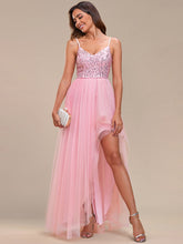 Load image into Gallery viewer, Color=Pink | Spaghetti Straps Asymmetric Wholesale Sequin Tulle Evening Dresses-Pink 4