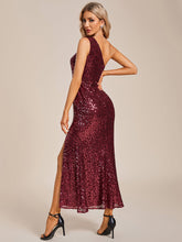 Load image into Gallery viewer, Color=Burgundy | One Shoulder Tea Length Split Sequin Wholesale Evening Dresses-Burgundy 2