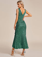 Load image into Gallery viewer, Sparkly Tea Length Ruffles Wholesale Sequin Evening Dresses#Color_Dark Green