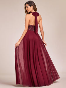 deep v-neck bead mesh sleeveless  Evening Dresses#Color_Burgundy