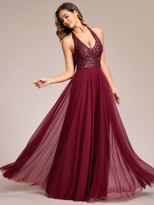 deep v-neck bead mesh sleeveless  Evening Dresses#Color_Burgundy