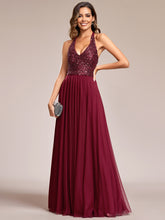 Load image into Gallery viewer, deep v-neck bead mesh sleeveless  Evening Dresses#Color_Burgundy