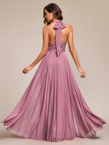 deep v-neck bead mesh sleeveless  Evening Dresses#Color_Orchid