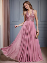 Load image into Gallery viewer, deep v-neck bead mesh sleeveless  Evening Dresses#Color_Orchid