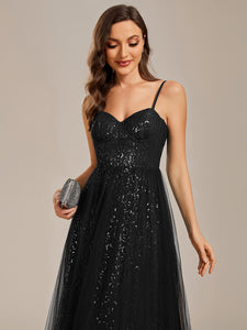 Color=Black | Exquisite Empire Waist Sequin Shiny A-Line Floor Length Sweetheart Neckline Spaghetti Straps Wholesale Evening Dress-Black 
