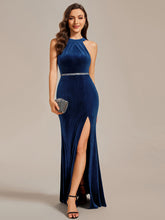 Load image into Gallery viewer, Halter Neck Side Split Velvet Wholesale Evening Dresses#Color_Navy Blue