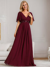 Load image into Gallery viewer, Color=Burgundy | V Neck Appliques Pleated Wholesale Bridesmaid Dresses-Burgundy 25