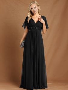 Color=Black | V Neck Appliques Pleated Wholesale Bridesmaid Dresses-Black 41