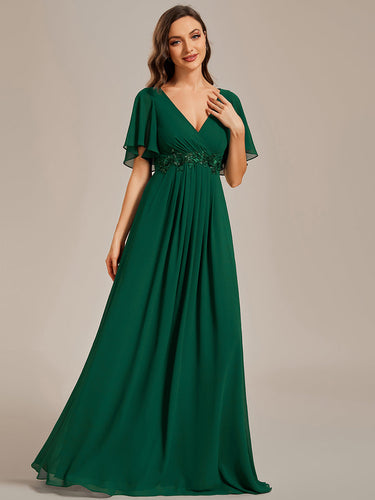 Color=Dark Green | V Neck Appliques Pleated Wholesale Bridesmaid Dresses-Dark Green 1
