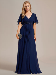 Color=Navy Blue | V Neck Appliques Pleated Wholesale Bridesmaid Dresses-Navy Blue 