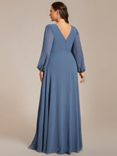 Load image into Gallery viewer, Plus Elegant waisted chiffon V-neck long sleeve guest dress wholesale#Color_Dusty Navy