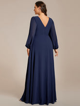 Load image into Gallery viewer, Plus Elegant waisted chiffon V-neck long sleeve guest dress wholesale#Color_Navy Blue