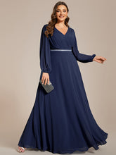Load image into Gallery viewer, Plus Elegant waisted chiffon V-neck long sleeve guest dress wholesale#Color_Navy Blue