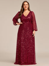 Load image into Gallery viewer, Plus Elegant waisted chiffon V-neck long sleeve guest dress wholesale#Color_Burgundy
