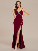 Load image into Gallery viewer, V Neck Side Split Fishtail Shiny Wholesale Evening Dresses#Color_Burgundy