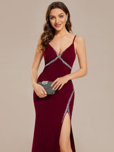 Load image into Gallery viewer, V Neck Side Split Fishtail Shiny Wholesale Evening Dresses#Color_Burgundy