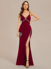 Load image into Gallery viewer, V Neck Side Split Fishtail Shiny Wholesale Evening Dresses#Color_Burgundy