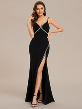 Load image into Gallery viewer, V Neck Side Split Fishtail Shiny Wholesale Evening Dresses#Color_Black