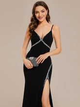 Load image into Gallery viewer, V Neck Side Split Fishtail Shiny Wholesale Evening Dresses#Color_Black