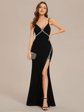 Load image into Gallery viewer, V Neck Side Split Fishtail Shiny Wholesale Evening Dresses#Color_Black