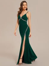 Load image into Gallery viewer, V Neck Side Split Fishtail Shiny Wholesale Evening Dresses#Color_Dark Green