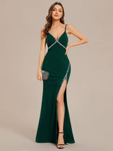 Load image into Gallery viewer, V Neck Side Split Fishtail Shiny Wholesale Evening Dresses#Color_Dark Green