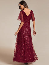 Load image into Gallery viewer, Color=Burgundy | Sequin Mesh High Low V-Neck Midi Evening Dress With Short Sleeves-Burgundy 2