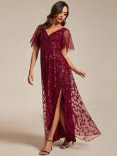 Load image into Gallery viewer, Color=Burgundy | Sequin Mesh High Low V-Neck Midi Evening Dress With Short Sleeves-Burgundy 3