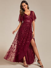 Load image into Gallery viewer, Color=Burgundy | Sequin Mesh High Low V-Neck Midi Evening Dress With Short Sleeves-Burgundy 1