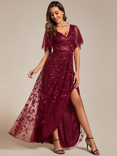 Color=Burgundy | Sequin Mesh High Low V-Neck Midi Evening Dress With Short Sleeves-Burgundy 1