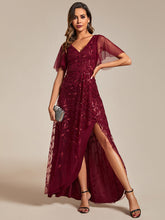 Load image into Gallery viewer, Color=Burgundy | Sequin Mesh High Low V-Neck Midi Evening Dress With Short Sleeves-Burgundy 5