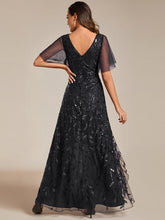 Load image into Gallery viewer, Color=Black | Sequin Mesh High Low V-Neck Midi Evening Dress With Short Sleeves-Black 15