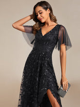 Load image into Gallery viewer, Color=Black | Sequin Mesh High Low V-Neck Midi Evening Dress With Short Sleeves-Black 14