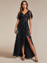 Load image into Gallery viewer, Color=Black | Sequin Mesh High Low V-Neck Midi Evening Dress With Short Sleeves-Black 