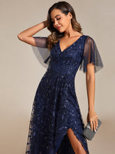 Load image into Gallery viewer, Color=Navy Blue | Sequin Mesh High Low V-Neck Midi Evening Dress With Short Sleeves-Navy Blue 