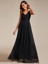 Load image into Gallery viewer, Color=Black | Glittery Floor Length V-Neck Sleeveless Evening Dress-Black 1