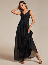 Load image into Gallery viewer, Color=Black | Glittery Floor Length V-Neck Sleeveless Evening Dress-Black 5