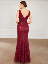 Load image into Gallery viewer, Color=Burgundy | Sleeveless Fishtail Deep V Neck Wholesale Evening Dresses-Burgundy 3