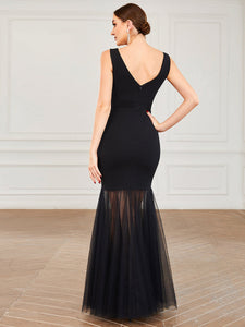 Color=Black | Sleeveless Deep V Neck Fishtail Wholesale Evening Dresses-Black 2